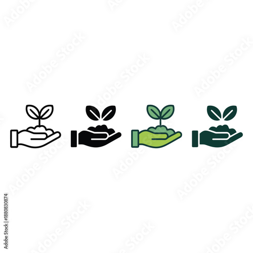 Green sprout in open palm icon collection depicting plant growth human interaction with nature and eco friendly conceptual design for sustainability