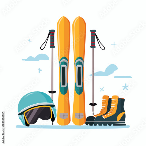 Équipement de ski alpin – illustration vectorielle colorée sur fond hivernal