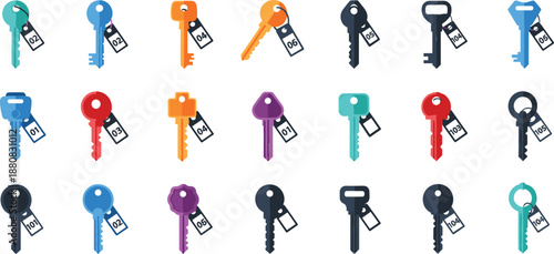 Colorful keys collection set house office security access flat vector illustration isolated on white background