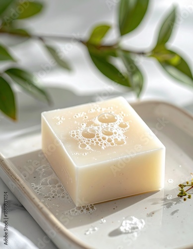 Natural Handmade Soap Bar with Gentle Bubbles and Greenery Accent on Ceramic Dish with Soft Sunlight and Shadow Play