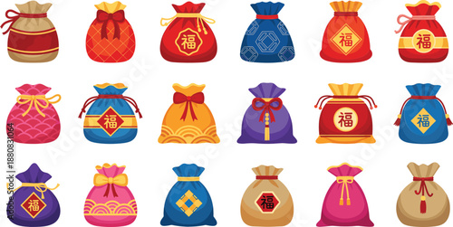 Chinese lucky money bags collection set red packet pouch symbols flat vector illustration isolated on white background