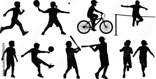 Silhouettes of children performing various sports and physical activities, showcasing movement, coordination, and fitness in playful and athletic poses.