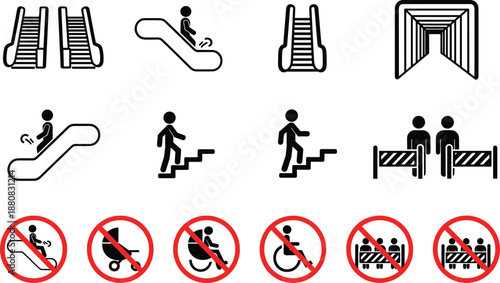 Escalator safety and prohibition icons set people movement rules warning symbols flat vector illustration isolated