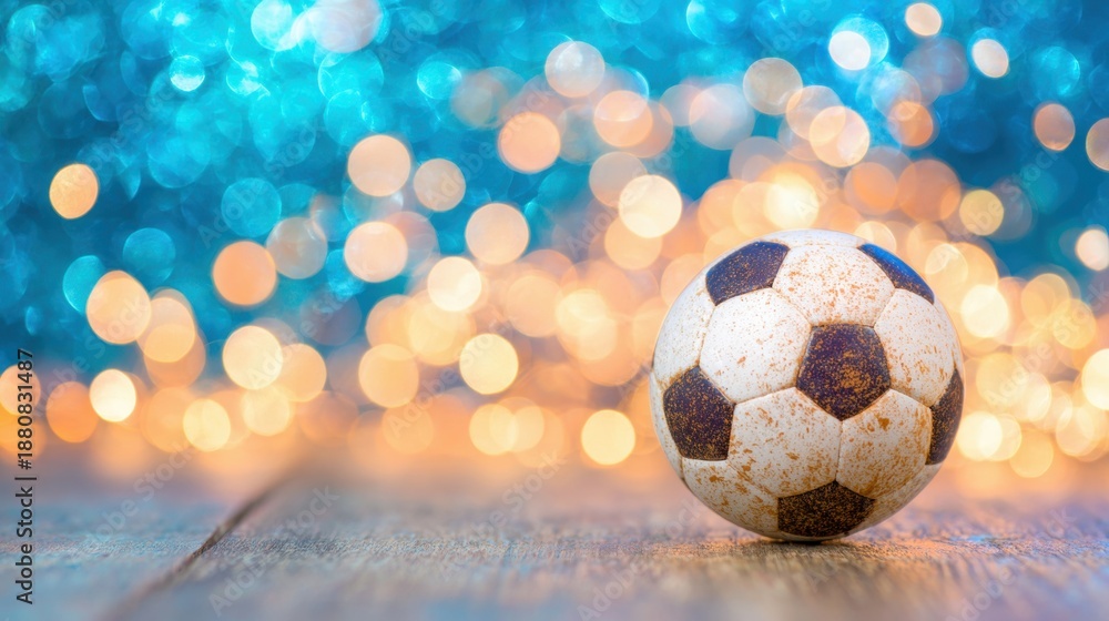 Naklejka premium Soccer ball sits on wooden surface with colorful lights in background