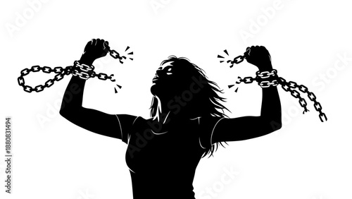 Woman Breaking Free from Chains Silhouette.