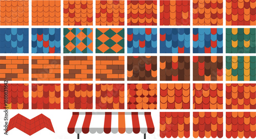 Roof tile pattern collection set seamless house shingles textures flat vector illustration isolated on white background