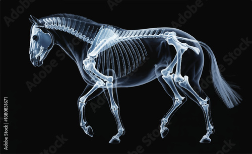 A high-contrast X-ray style photograph of a horse's skeleton against a pure black background.