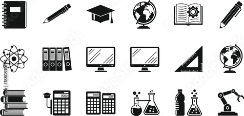 Vector collection of education and science icons including globe calculator graduation cap books and laboratory equipment silhouettes isolated on white background for school design