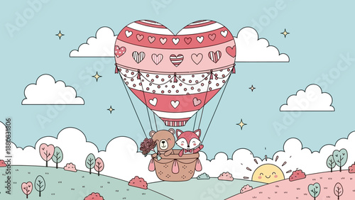 Cute animals in hot air balloon heart, love, travel, romance, sky, clouds, landscape