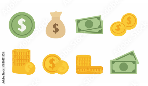 Money icon set dollar money bag gold and banknote flat vector