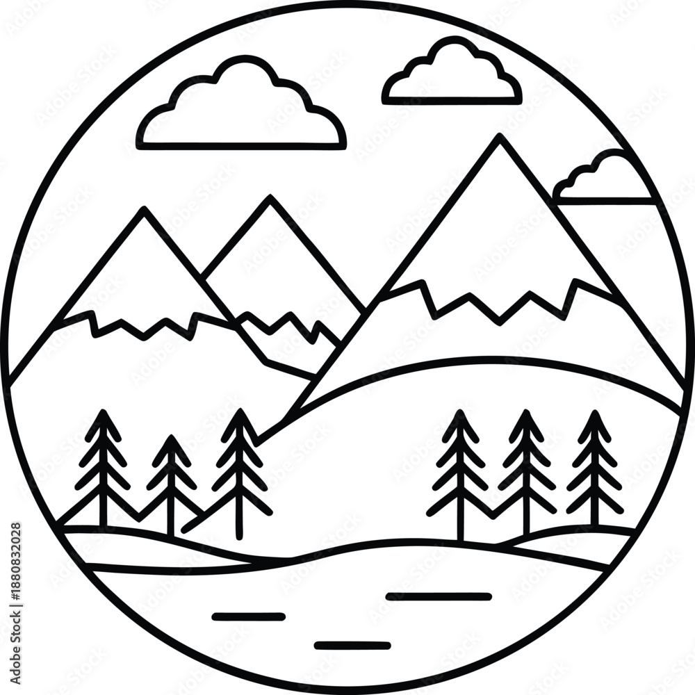 Obraz premium A simple line-art vector illustration of a mountain landscape.