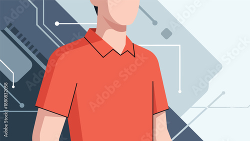 Man in orange polo shirt with futuristic technology background, representing innovation and digital transformation.