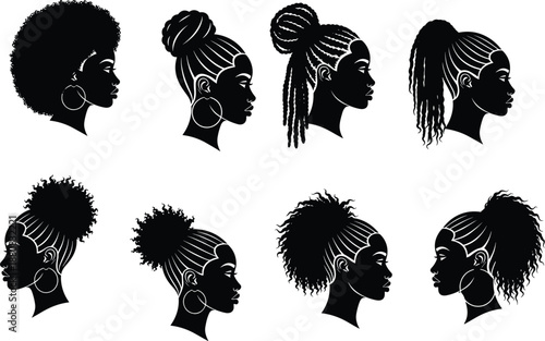 Vector silhouette collection of Black women profiles featuring diverse natural hairstyles including afro braids locs and buns with hoop earrings isolated on white background