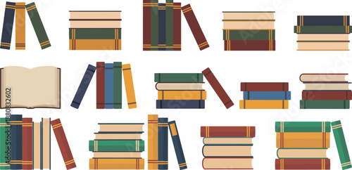 Colorful book stacks collection, flat vector library elements, education reading concept, textbook pile icons, isolated illustration set