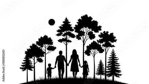 Family Silhouette Walking Together in Forest.