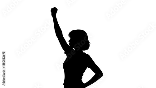 Silhouette of triumphant woman with raised fist.