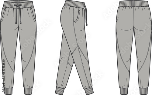 Gray jogger pants technical fashion illustration, front side back views, elastic waistband, drawstring, ribbed cuffs, casual sportswear design template