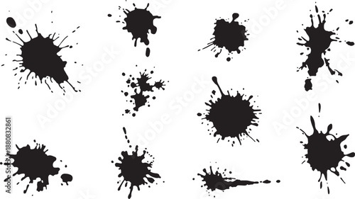 Black ink splatter set. Vector paint drips and drops. Grungy ink blots and spots collection. Abstract liquid stain textures. Hand drawn spray paint splashes. Distressed ink elements for design
