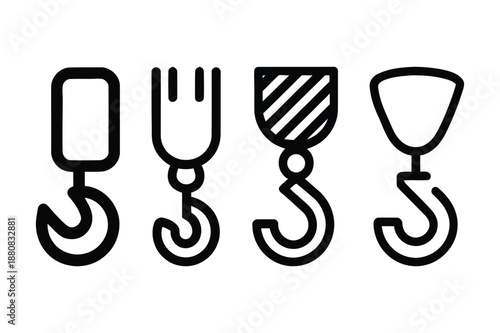 Industrial Crane Lifting Hook Icon Set for Cargo and Logistics