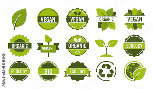 Vegan food icon set organic bio ecology badges vector
