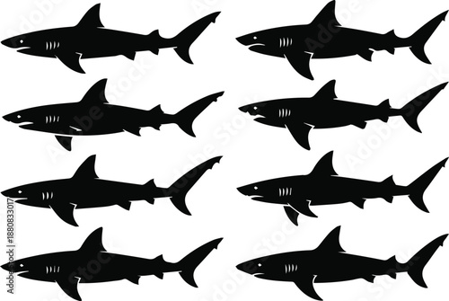 shark side profile silhouettes pack eight vector shapes for use