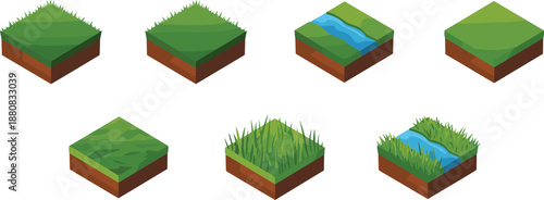 Isometric grassy terrain tiles set with river water blocks, 2D game landscape assets, cartoon nature tilemap vector illustration