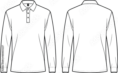 Long sleeve polo shirt technical fashion illustration, front and back views, collared top design template, clean apparel vector drawing