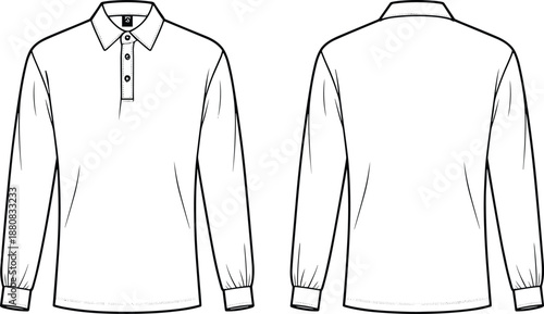 Long sleeve polo shirt technical fashion illustration, front and back views, collared top design template, clean vector line drawing