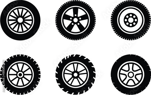 wheel set six spoke and rim silhouettes vector car accessory pack