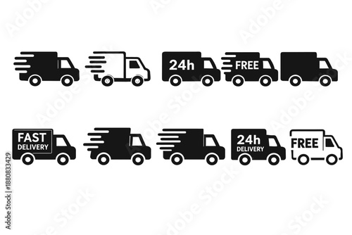 Delivery truck icons for fast shipping and logistics, 24 hour free delivery symbols