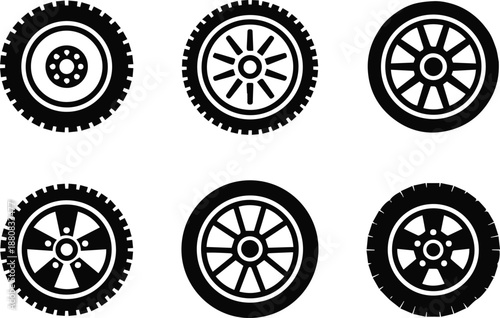 wheel icons six tire and rim line art vector for design projects