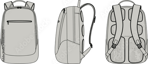 Backpack technical fashion illustration, front side back views, travel school bag design template, padded straps, modern vector line drawing