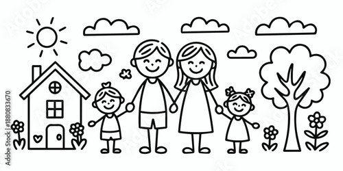 family blackandwhite sketch of house garden and smiling people