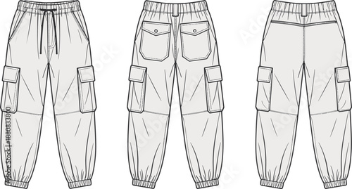 Cargo jogger pants technical fashion illustration, front back side views, elastic waistband, drawstring, utility pockets, streetwear apparel design template