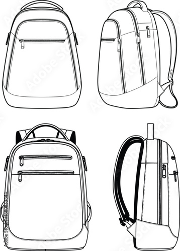 Backpack technical line drawing, front and side views, modern travel school bag illustration, zipper pockets, product design template