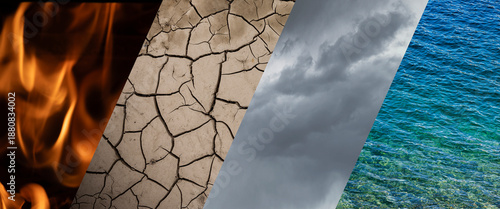 Collage aus Vier Bildern der Vier Elemente Feuer Erde Luft und Wasser