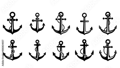 Nautical anchor icons set for maritime and navigation design, vector symbols