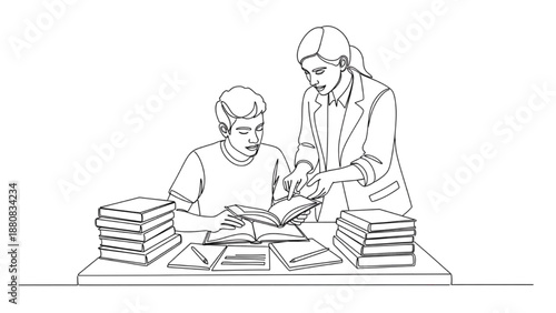 High-quality black continuous line art of a student studying at a desk with books, teacher helping student one-on-one, education and learning illustration
