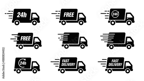 Delivery truck icons for fast shipping and free delivery, minimalist vector graphics