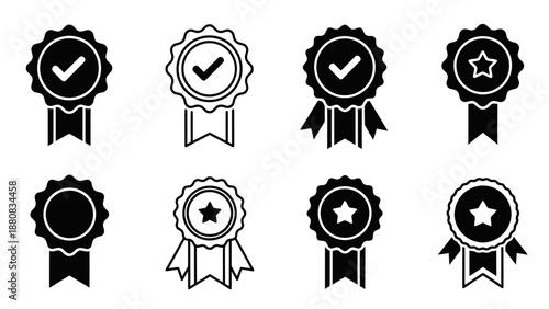 Award and achievement icons with ribbons and stars, vector symbols for quality and excellence
