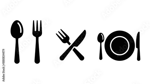 Dining utensils and plate icons for restaurant menu, flat vector illustration