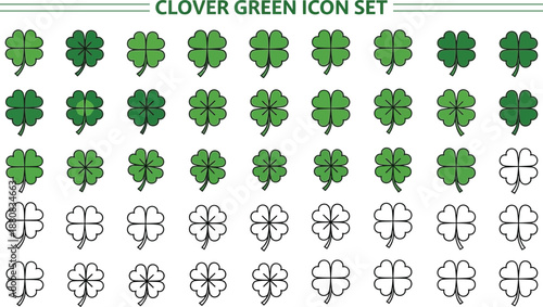 St patrick's day clover green icon set for irish celebrations and shamrock decor