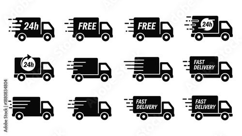 Delivery truck icons for fast shipping and logistics, free delivery symbols