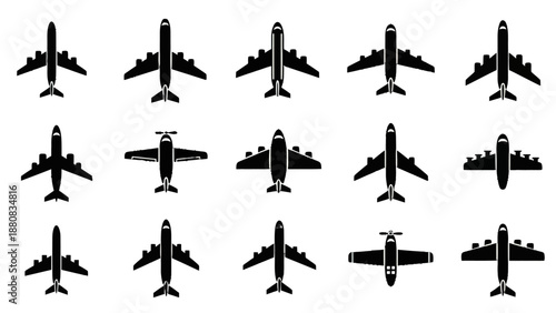 Airplane icons set, various views and angles, for travel and aviation concepts