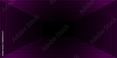 Abstract neon purple tunnel background. Infinite rectangular perspective with glowing violet light lines.