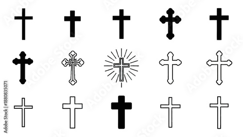 Cross symbols for Christian religion and faith, various styles and designs