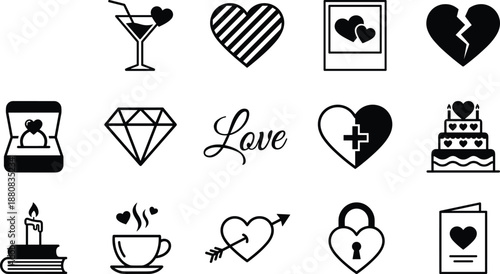 Love and relationship icons set, romantic heart symbols, wedding valentine elements, engagement marriage concepts, black outline illustrations, minimal design collection