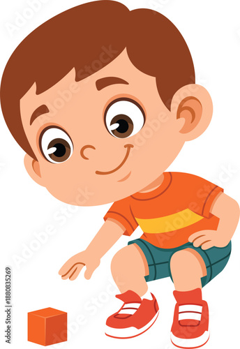 Boy character squatting and picking up an item flat design illustration suitable for children education content school projects learning materials presentations and kid friendly designs