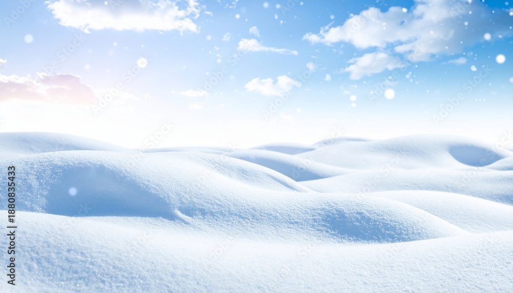Obraz premium Gentle rolling snow-covered landscape under a partly cloudy sky, with falling snowflakes
