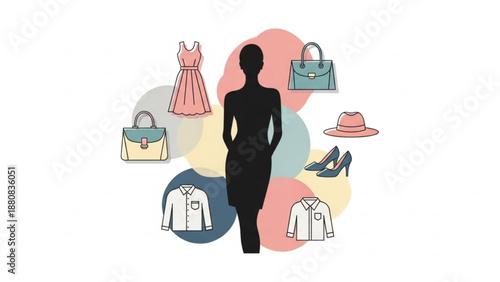 A black silhouette of a woman surrounded by various fashion items on colorful background